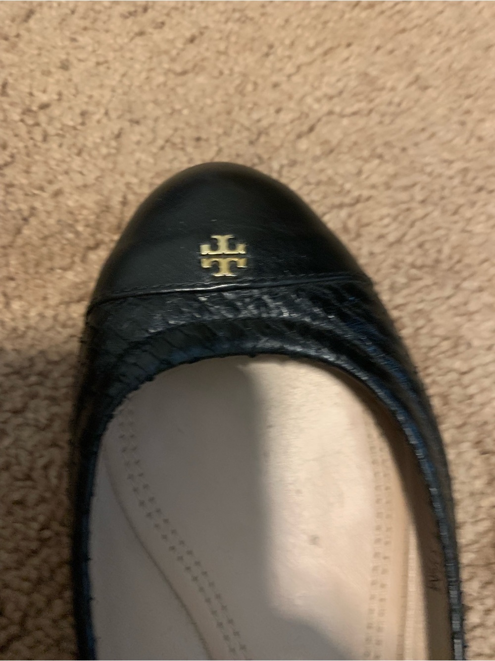 Tory Burch Black Leather Logo Cap-Toe Ballet Flat (Gold Logo)